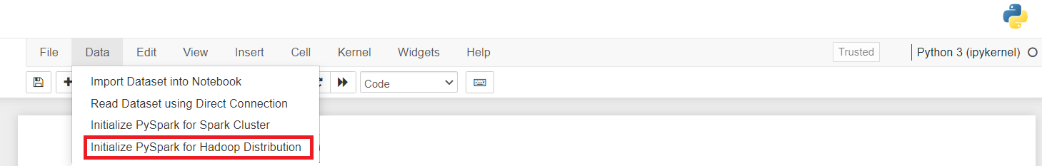 Data tab - Initialize PySpark for Hadoop Distribution options